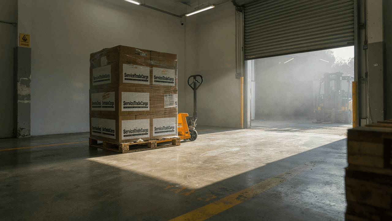 Palletised ServiceTradeCargo freight at a warehouse loading bay