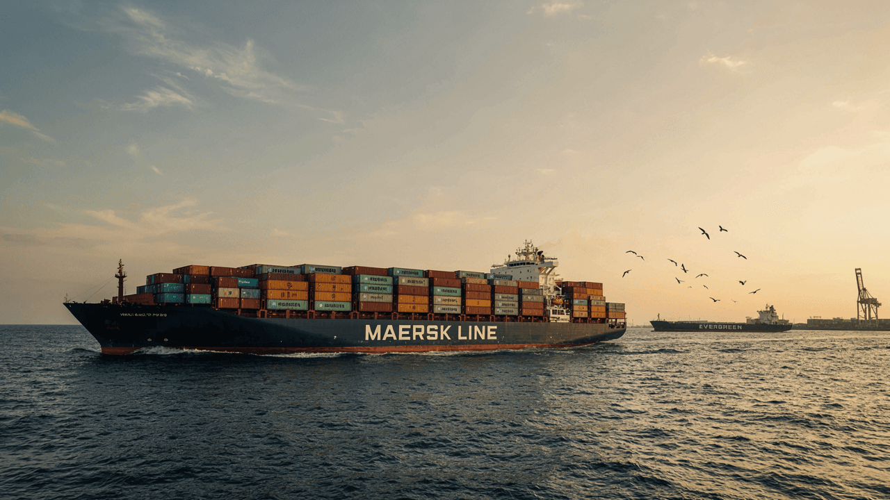Container ship carrying freight at sea